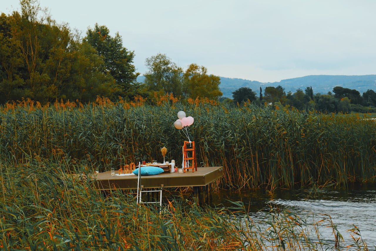 hero-img-02 A tranquil lakeside scene in İzmit with setup including balloons and a table on a dock surrounded by reeds.